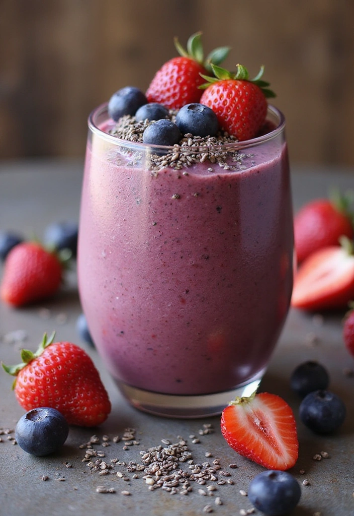 A thick berry chia smoothie in a glass, topped with fresh berries and chia seeds, set against a backdrop of bright berries and chia seeds