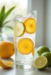 Citrus Sparkling Water: A tall glass filled with ice water and slices of lemon, lime, and orange. The citrus slices are pressed against the glass, showing their bright yellow, green, and orange hues. Fresh whole and halved lemons and limes sit on the table beside the glass, with soft natural light coming from a nearby window, creating a refreshing and vibrant scene.