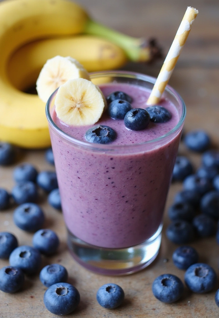 A rich blueberry banana smoothie in a glass, garnished with fresh blueberries and banana slices, set against a backdrop of blueberries and bananas