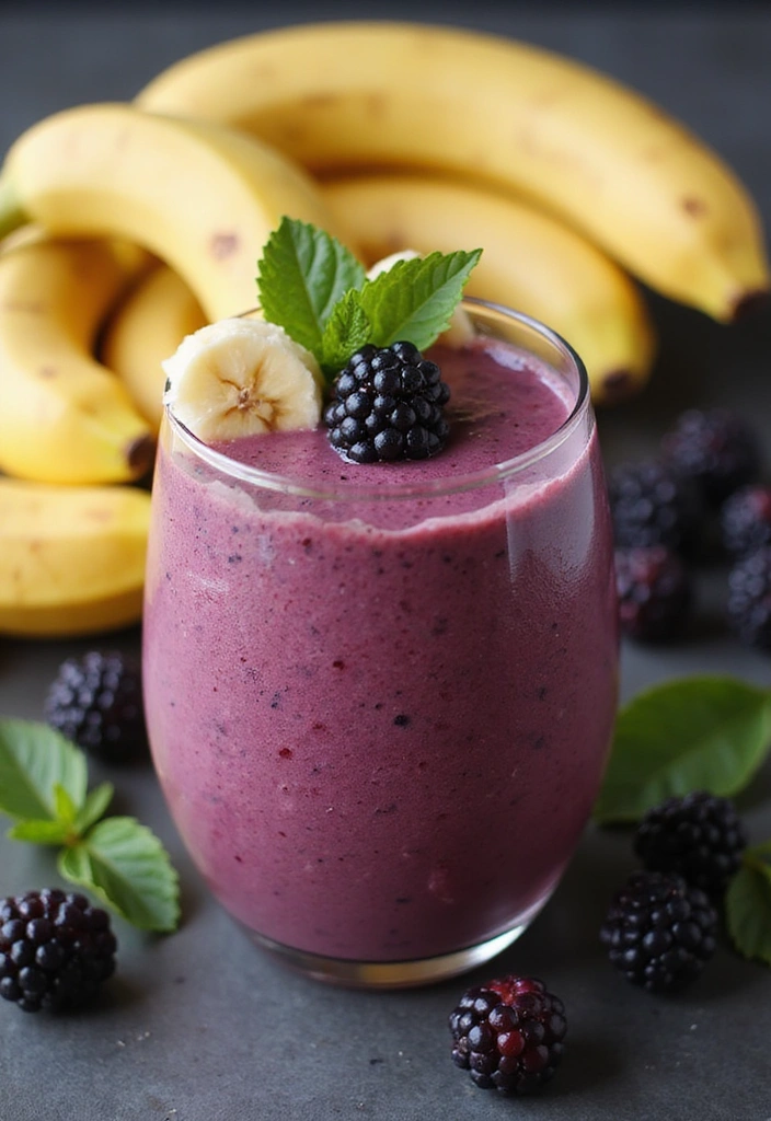 A sweet blackberry banana smoothie in a glass, garnished with blackberries and banana slices, set against a backdrop of fresh blackberries and bananas