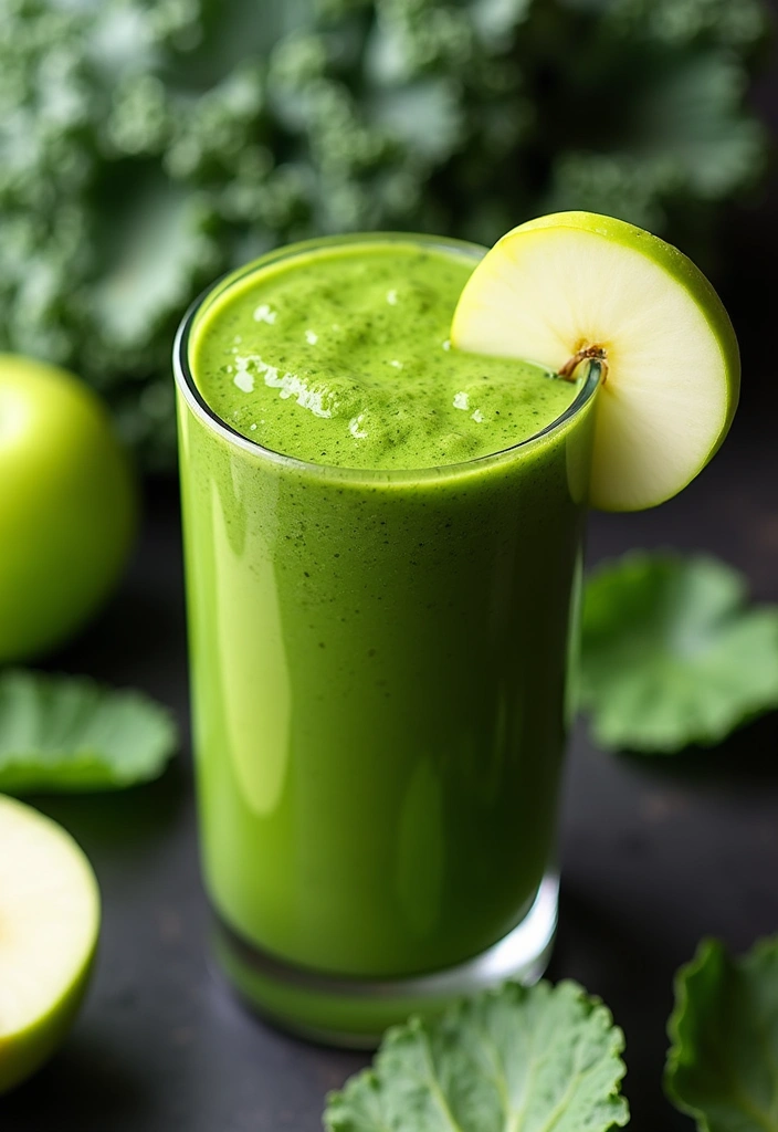 Thick green goddess smoothie in a glass garnished with a slice of green apple, set against a backdrop of fresh greens and apples