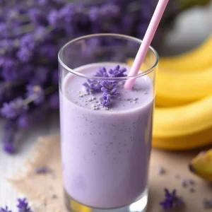 A lavender banana smoothie with almond milk in a glass