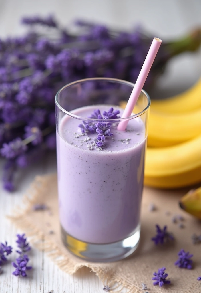 A lavender banana smoothie in a glass, garnished with lavender flowers, against a lavender background and bananas