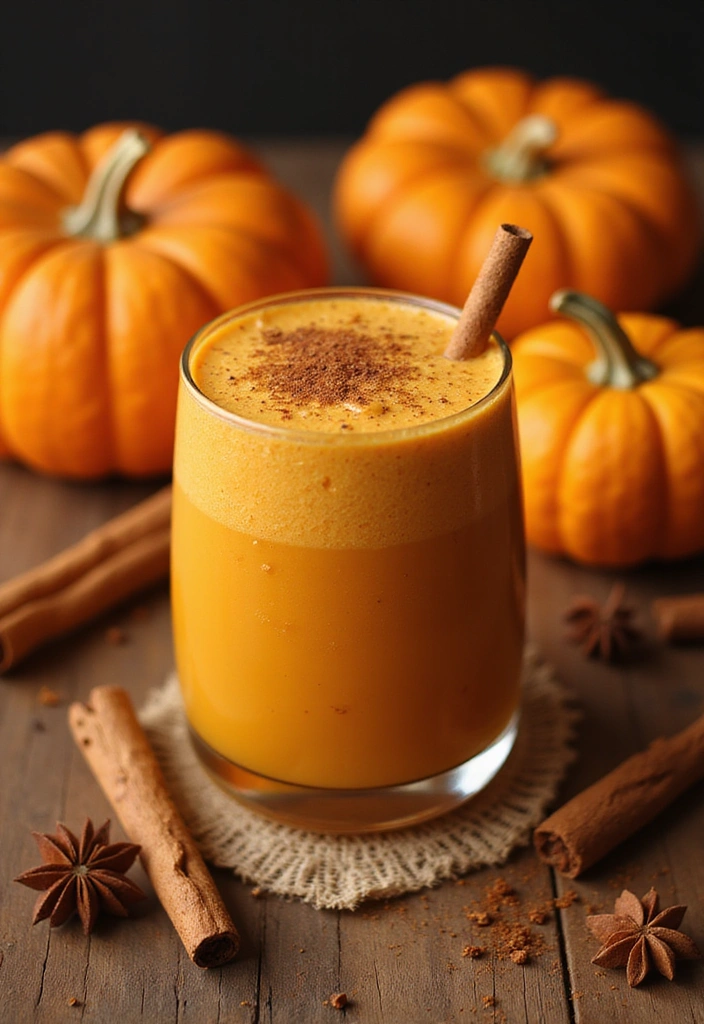 A rich orange smoothie resembling pumpkin spice, garnished with a sprinkle of cinnamon, surrounded by fresh pumpkins and spices