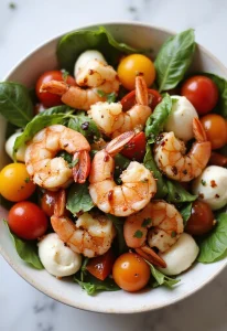 A beautiful bowl of shrimp caprese salad, featuring colorful cherry tomatoes, fresh mozzarella, shrimp, and basil, drizzled with balsamic glaze