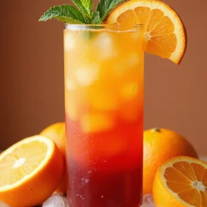 A vibrant, tropical sunrise mocktail sparkler in a tall glass showcasing orange and red hues, garnished with an orange slice and mint, surrounded by fresh oranges and ice