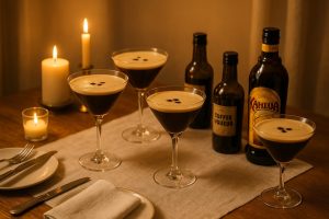 Espresso martini served in three V-shaped glasses and garnished