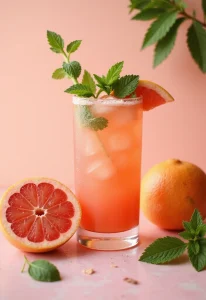 A cool, pink drink in a glass, garnished with mint leaves and a slice of grapefruit, surrounded by fresh grapefruits and mint on a bright surface