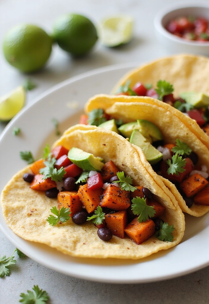 Delicious tacos filled with roasted sweet potatoes and black beans, topped with fresh avocado and cilantro, neatly arranged on a colorful plate