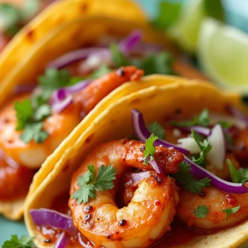 Shrimp tacos recipe: A colorful plate of spicy shrimp tacos with vibrant toppings like cabbage and cilantro, lime wedges on the side demonstrating seafood