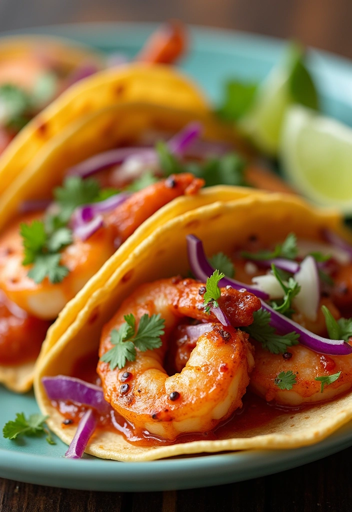 A colorful plate of spicy shrimp tacos with vibrant toppings like cabbage and cilantro, lime wedges on the side.