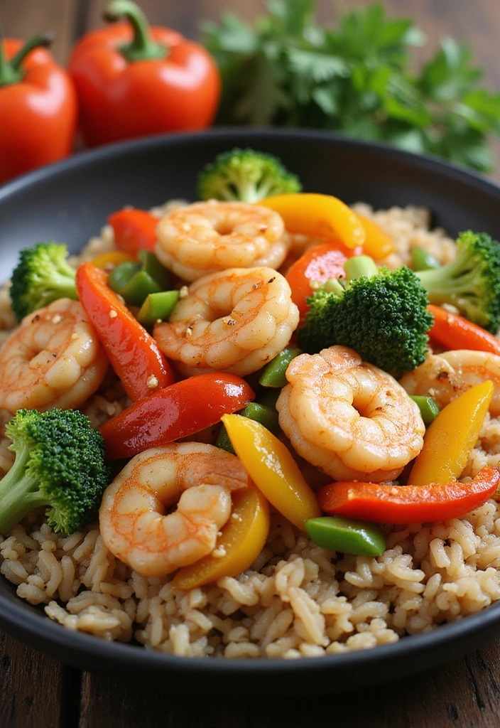 A vibrant shrimp stir-fry with colorful bell peppers and broccoli, served over a bed of brown rice
