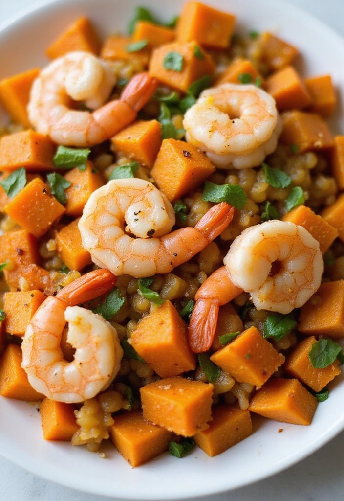 A colorful plate of shrimp and sweet potato hash, showcasing diced sweet potatoes, shrimp, and vegetables, plated beautifully