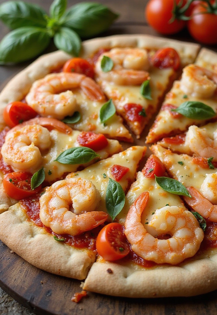 A whole wheat garlic shrimp pizza, showcasing savory shrimp, fresh tomatoes, and melted cheese, garnished with basil