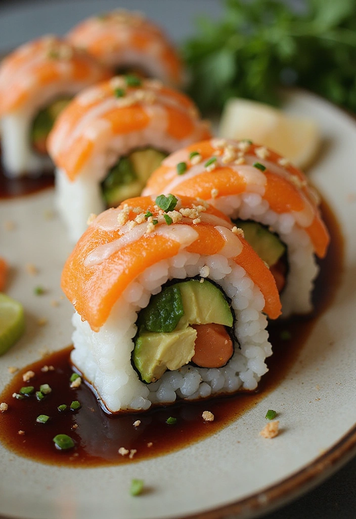 A beautifully plated shrimp and avocado sushi roll, showcasing vibrant colors and fresh ingredients, presented with soy sauce and garnishes.
