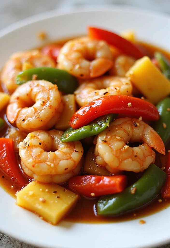 A colorful plate of sweet and sour shrimp with bell peppers and pineapple, showcasing vibrant colors and a glossy sauce