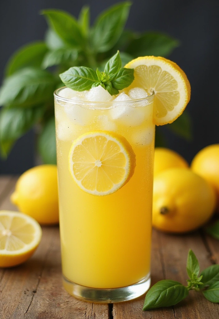 A refreshing yellow drink in a glass with crushed ice, garnished with lemon slices and fresh basil leaves, set on a wooden table with a backdrop of fresh lemons and basil