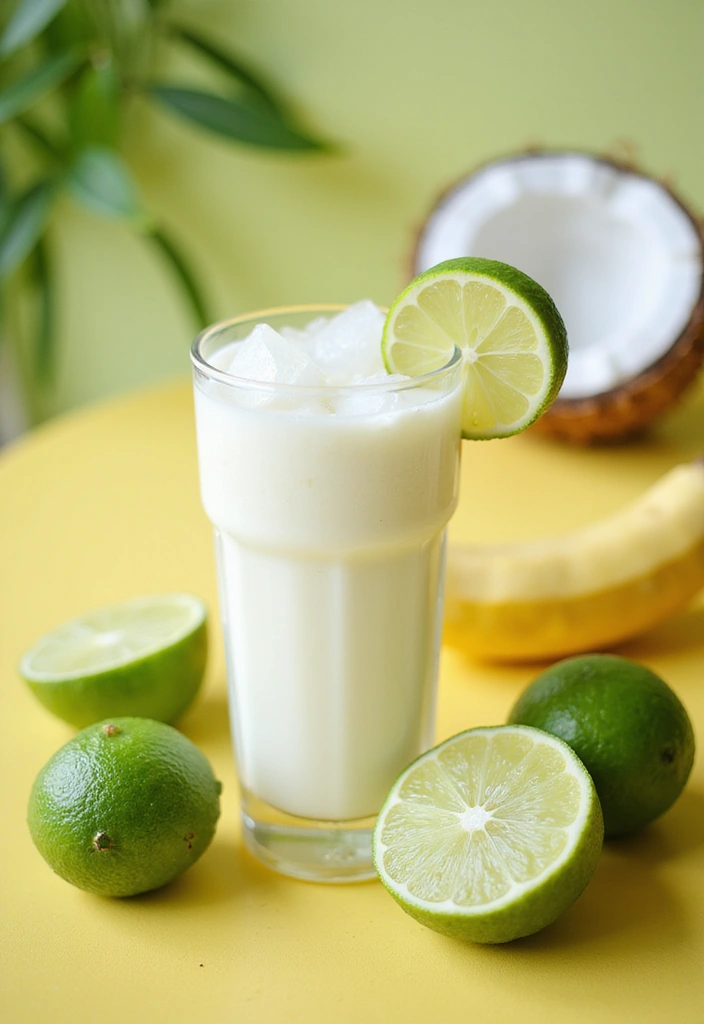 A creamy white drink in a glass with a lime wedge and ice, surrounded by fresh limes and coconuts on a bright surface, evoking a tropical feel.