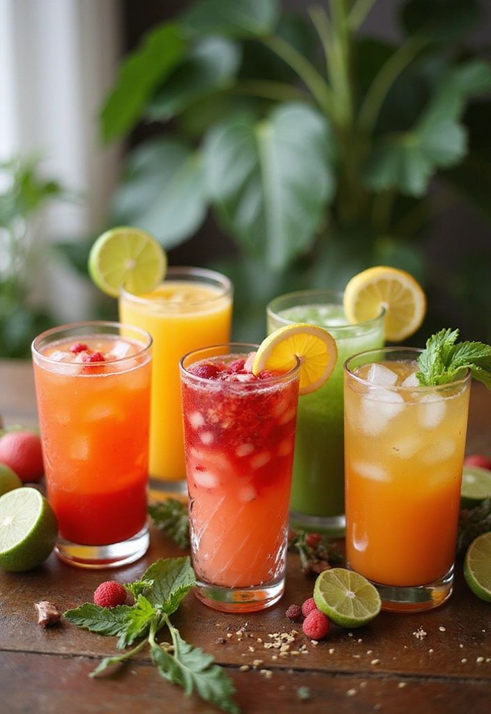 5 citrus mocktails with fresh fruits and herbs around them