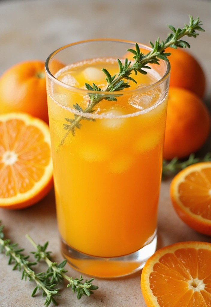 A vibrant, gradient drink in a tall glass showcasing orange and red hues, garnished with an orange slice and mint, surrounded by fresh oranges and ice