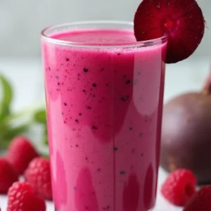 High-protein rainbow beet smoothie with banana and raspberries