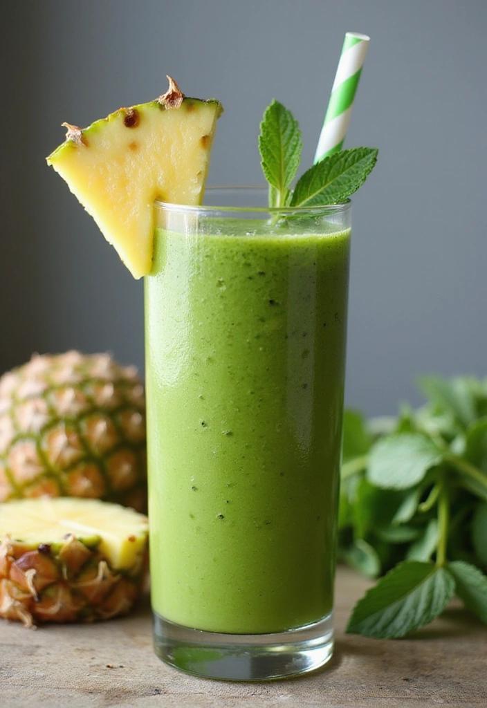 Vibrant tropical green smoothie glass filled with a green hue, surrounded by tropical fruits like mango and banana, and a handful of spinach