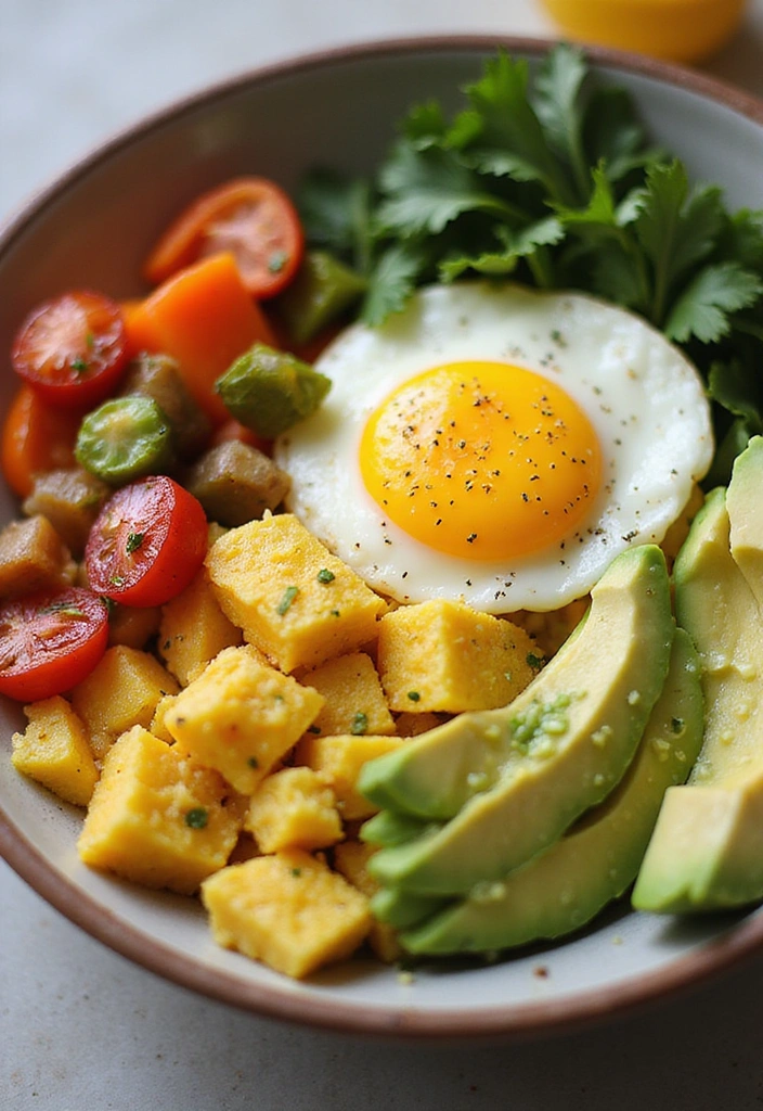 A veggie packed breakfast bowl featuring eggs, zucchini, bell peppers, and avocado