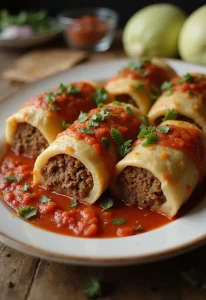 A warm serving of cabbage roll casserole, layered with ground meat and tomato sauce, garnished with fresh herbs. The setting is homey and inviting with a rustic table setting.
