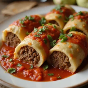 A warm serving of cabbage roll casserole, layered with ground meat and tomato sauce, garnished with fresh herbs. The setting is homey and inviting with a rustic table setting.