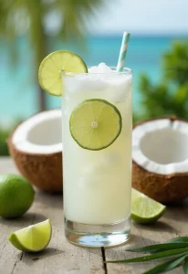 A creamy white non alcoholic lime coconut refresher drink in a glass with a lime wedge and ice, surrounded by fresh limes and coconuts on a bright surface, evoking a tropical feel