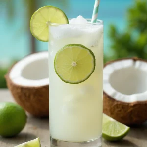 A creamy white non alcoholic lime coconut refresher drink in a glass with a lime wedge and ice, surrounded by fresh limes and coconuts on a bright surface, evoking a tropical feel