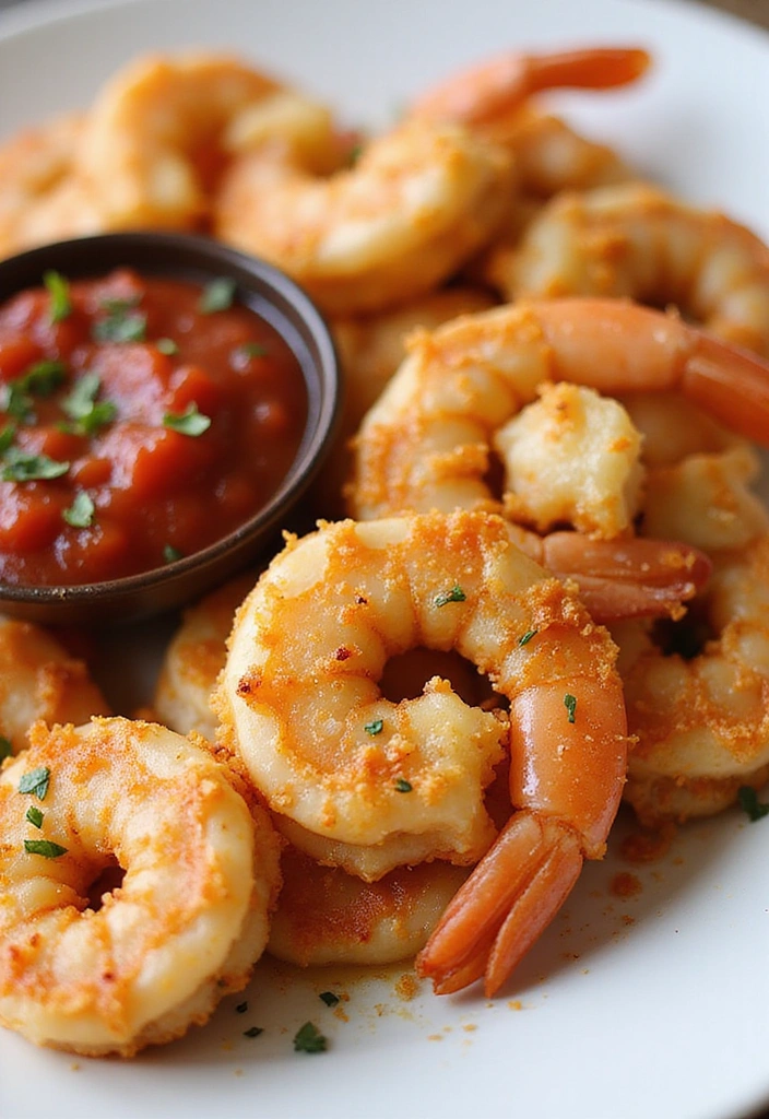 A plate of baked parmesan shrimp served with marinara sauce, showcasing perfectly golden shrimp and a sprinkle of herbs