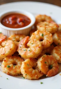 A plate of baked parmesan shrimp served with marinara sauce, showcasing perfectly golden shrimp and a sprinkle of herbs
