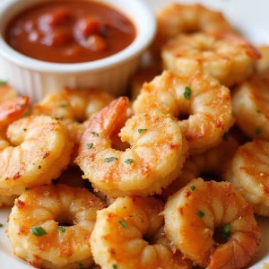 A plate of healthy baked garlic parmesan shrimp with panko served with marinara sauce, showcasing perfectly golden shrimp and a sprinkle of herbs