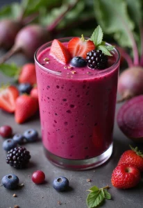 A vibrant magenta smoothie served in a clear glass, topped with fresh strawberries, blueberries, and a blackberry. Scattered berries and beetroot surround the glass on a dark surface, with leafy greens in the background, creating a rich and natural composition that highlights the freshness of the ingredients.