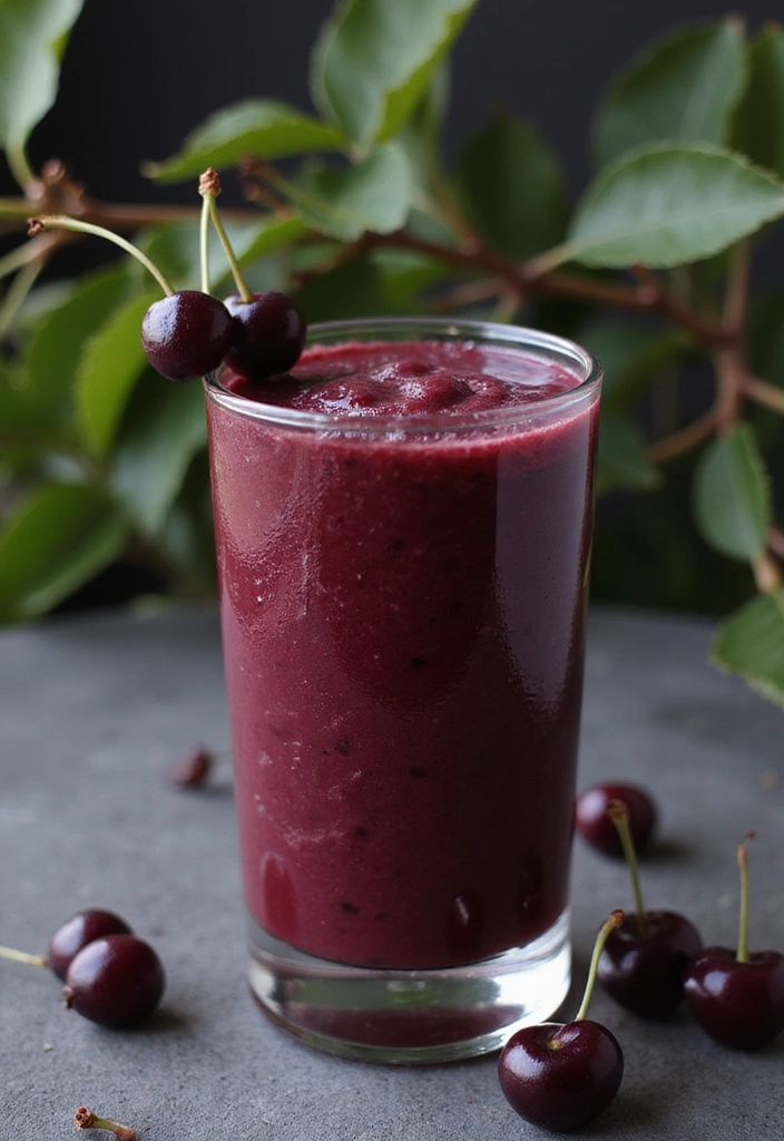 53 Festive Recipes for the Holidays A tall, transparent glass filled with a thick black cherry smoothie in a deep burgundy-purple color, showing a dense, blended texture with subtle ripples on the surface. Two ripe, dark red cherries with long green stems are balanced on the rim of the glass as garnish. Several whole cherries lie scattered on a cool gray stone tabletop around the base of the glass. Soft natural light highlights condensation and texture on the smoothie, while an out-of-focus background of green cherry leaves and thin branches adds a fresh, orchard-like setting.