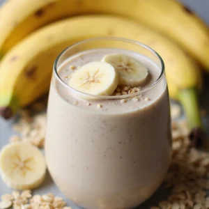 A close-up of a creamy banana oat smoothie in a glass, topped with banana slices and oats, surrounded by fresh bananas and oats.