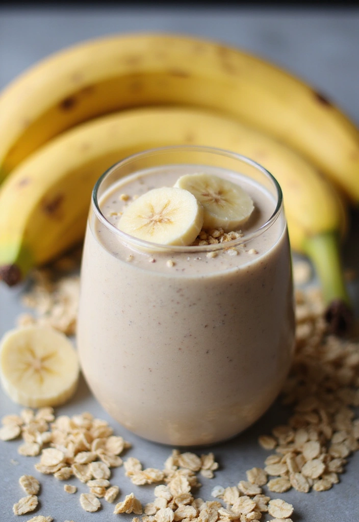 A close-up of a creamy banana oat smoothie in a glass, topped with banana slices and oats, surrounded by fresh bananas and oats.