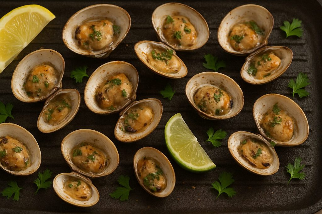 A group of clams on a grill