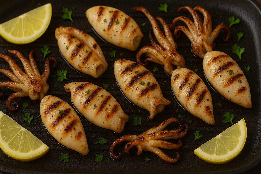 A group of grilled calamari and lemon slices on a grill