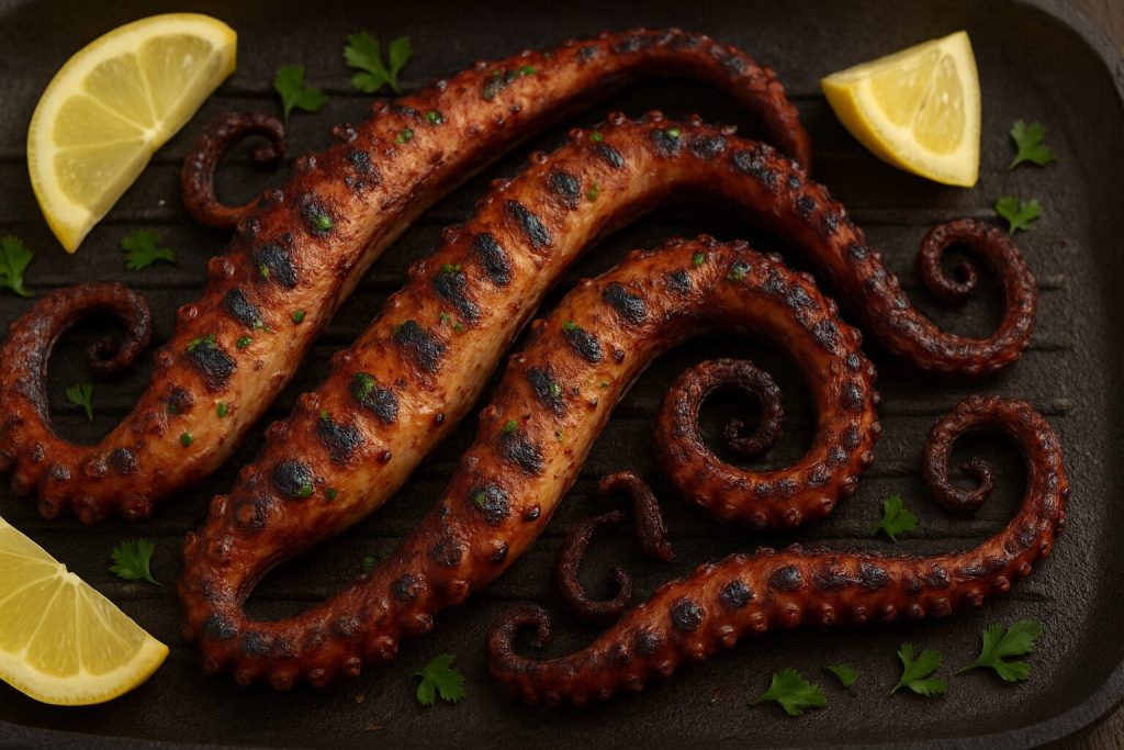 A grilled octopus tentacles and lemon slices on a grill pan