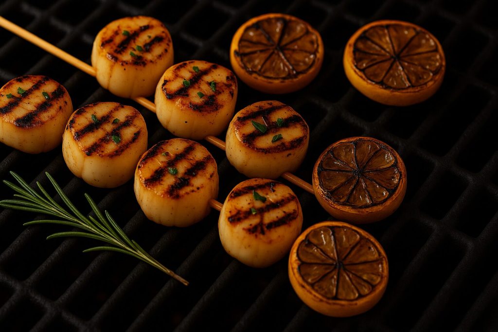 Scallops and lemon slices on a grill