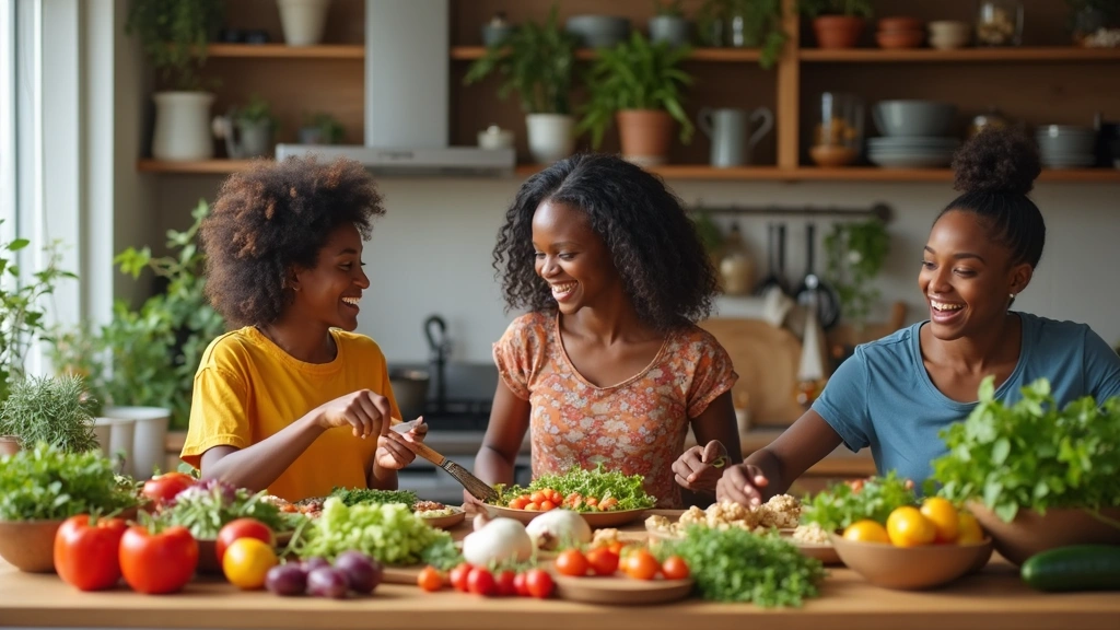 A vibrant kitchen scene showcasing a family cooking together, surrounded by colorful vegetables and wholesome ingredients.