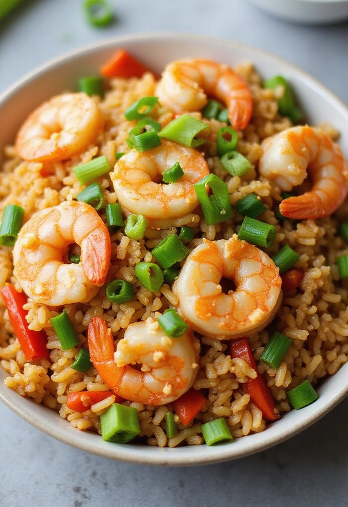 Vegetable fried rice: A colorful bowl of shrimp fried rice filled with vibrant vegetables and shrimp, garnished with green onions.