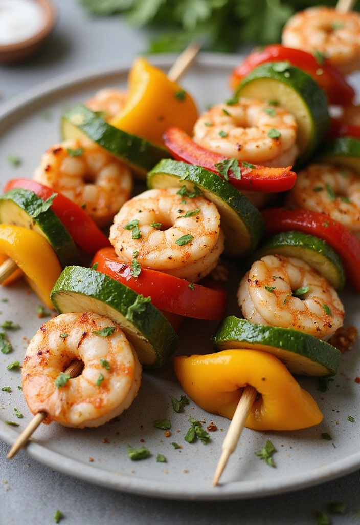 53 Festive Recipes for the Holidays Grilled shrimp and vegetable skewers on a plate, showcasing colorful peppers, zucchini, and shrimp, garnished with fresh herbs.