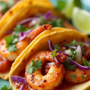Easy Shrimp Tacos with Slaw and Lime Sauce A colorful plate of spicy shrimp tacos with vibrant toppings like cabbage and cilantro, lime wedges on the side.