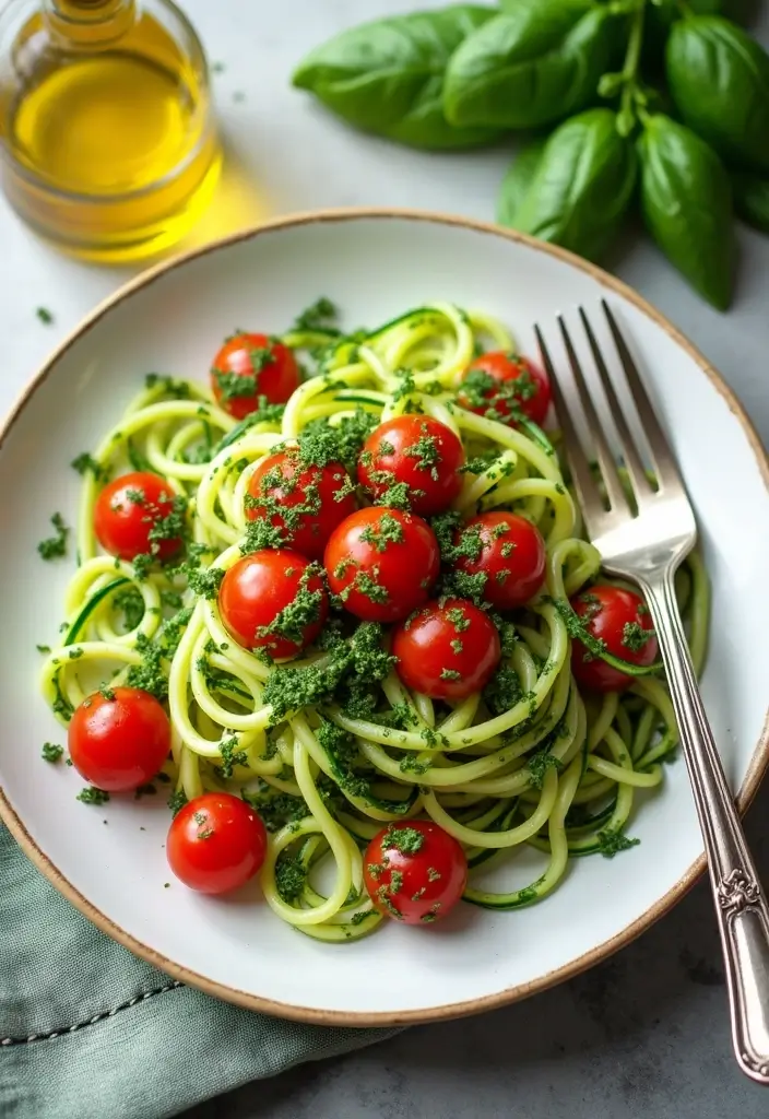 Healthy family dinner ideas: Zucchini Noodles with Pesto and Cherry Tomatoes