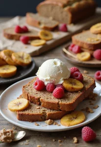 An enticing display of vegan banana bread slices served in various ways, adorned with fruits, nut butter, and ice cream
