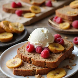 An enticing display of vegan banana bread slices served in various ways, adorned with fruits, nut butter, and ice cream