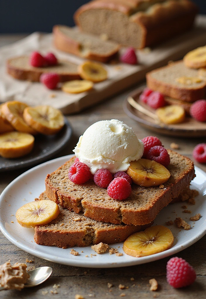 An enticing display of vegan banana bread slices served in various ways, adorned with fruits, nut butter, and ice cream